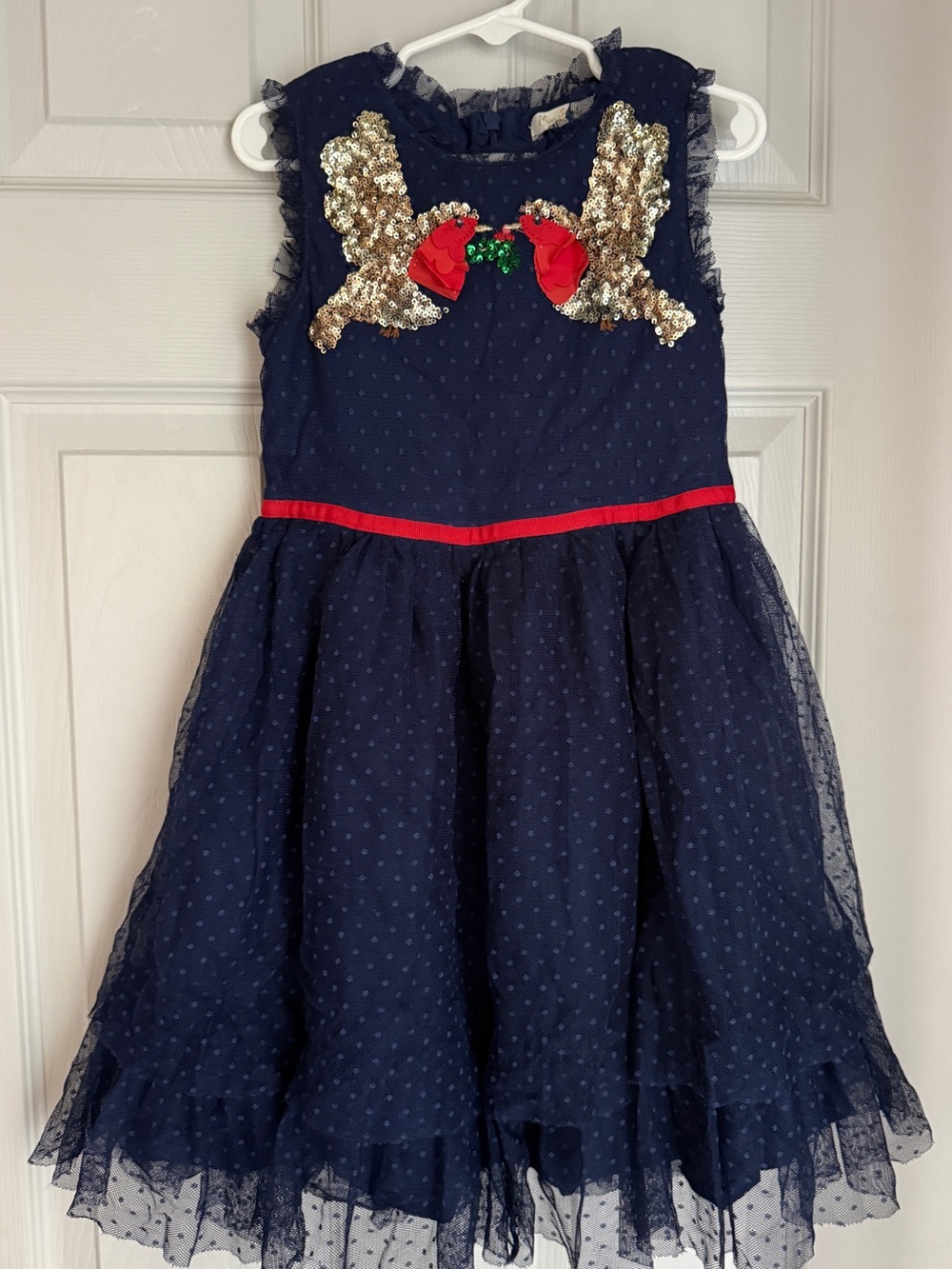 Mini Boden 4-5 Navy Dress with Gold Sequin Birds and Red Trim